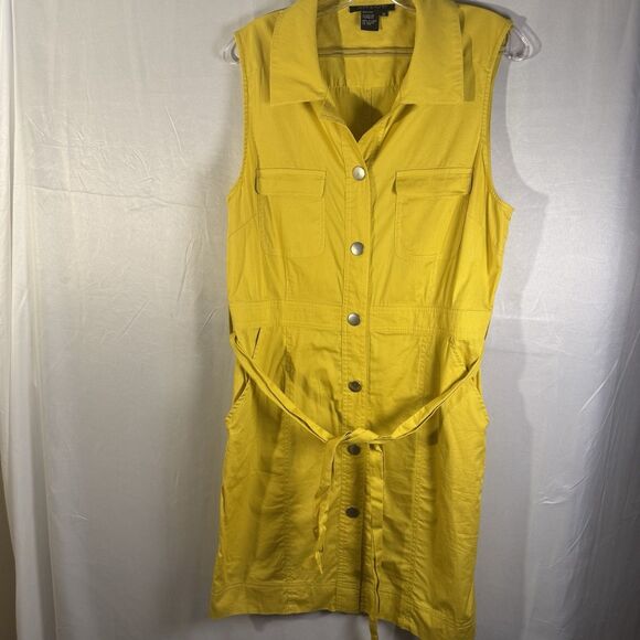 Hope & Honey Yellow Sleeveless Button Front Utility Dress Size 12 Belted Pockets - Picture 2 of 7
